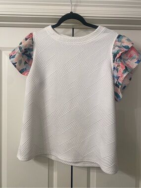 White Textured Short-Sleeve Top with Floral Ruffle Sleeves